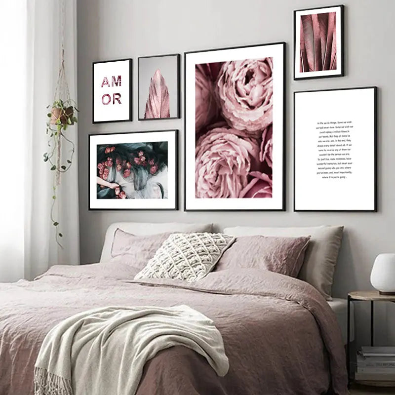 Nordic Style Love Rose And Feather Wall Cotton Canvas Decoration