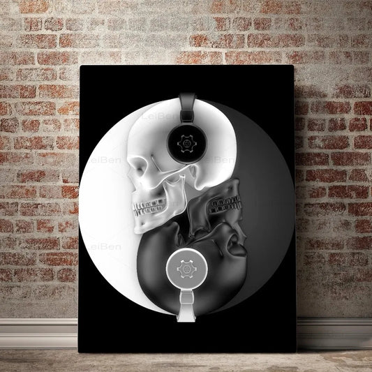 Black And White Skull Headphone Canvas