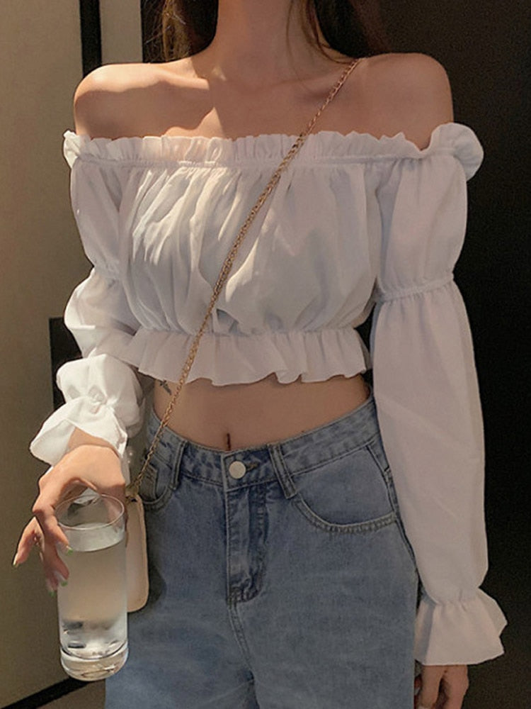 Off Shoulder Long Sleeve Solid Color Top