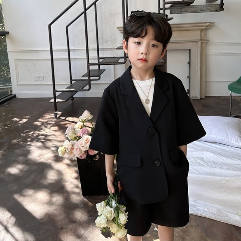 Single Breasted Korean Black Short Sleeve Coat+ Shorts Set