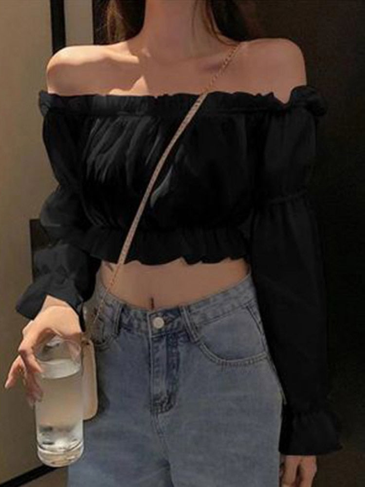 Off Shoulder Long Sleeve Solid Color Top