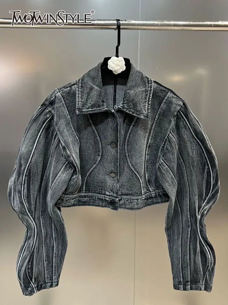 TWOTWINSTYLE Denim Minimalist Jacket For Women Lapel Long Sleeve Patchwork Single Breasted Casual Loose Jacket Female Fashion