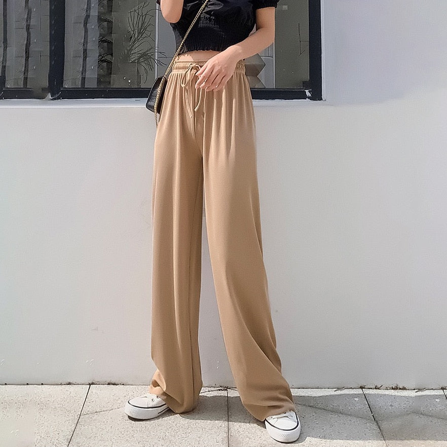 High Waist Casual Female Slim Loose Straight Black Trousers