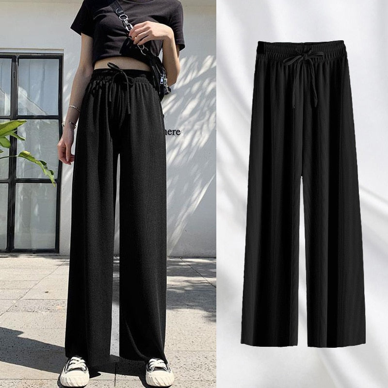 High Waist Casual Female Slim Loose Straight Black Trousers