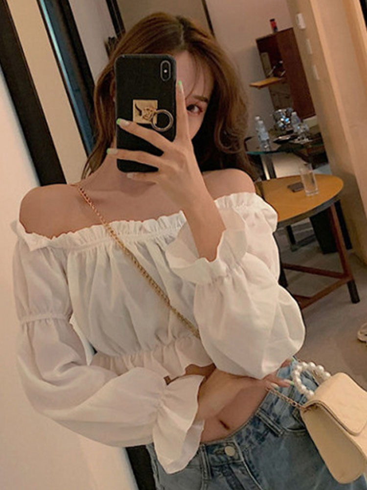 Off Shoulder Long Sleeve Solid Color Top