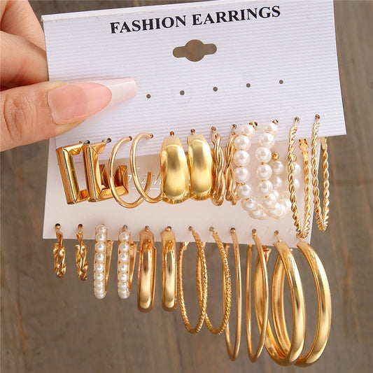 Gold Color Pearl Hoop Earrings Set
