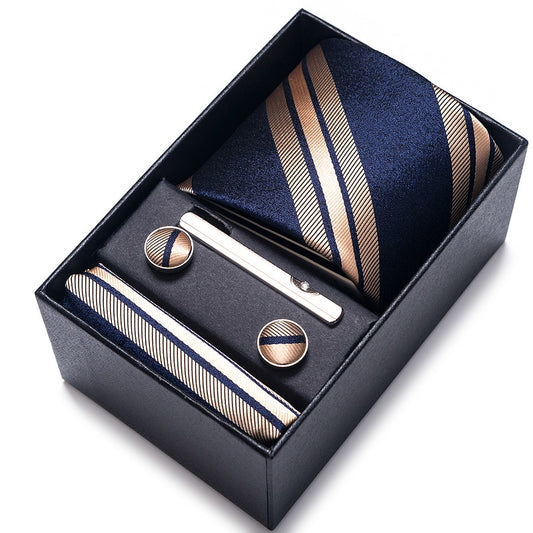 100% Silk Brand Tie Handkerchief Cufflink Set For Men Necktie Holiday Gift Box Blue Gold Suit Accessories Slim Wedding Gravatas